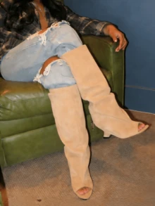 Women's Knee High Boots Wide Calf Square Toe Stiletto Heels Tall Boots Pull On Kitten High Heel Long Fashion Casual Cute Y2K Booties - 杏色a - 查看 1