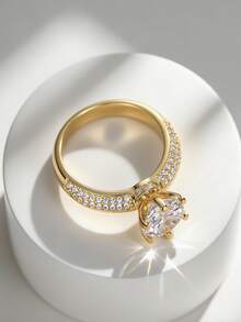 Charm-In Gold Plated Round CZ Solitaire Ring Double Row Crystal Engagement Jewelry For Women - Gold - View 1