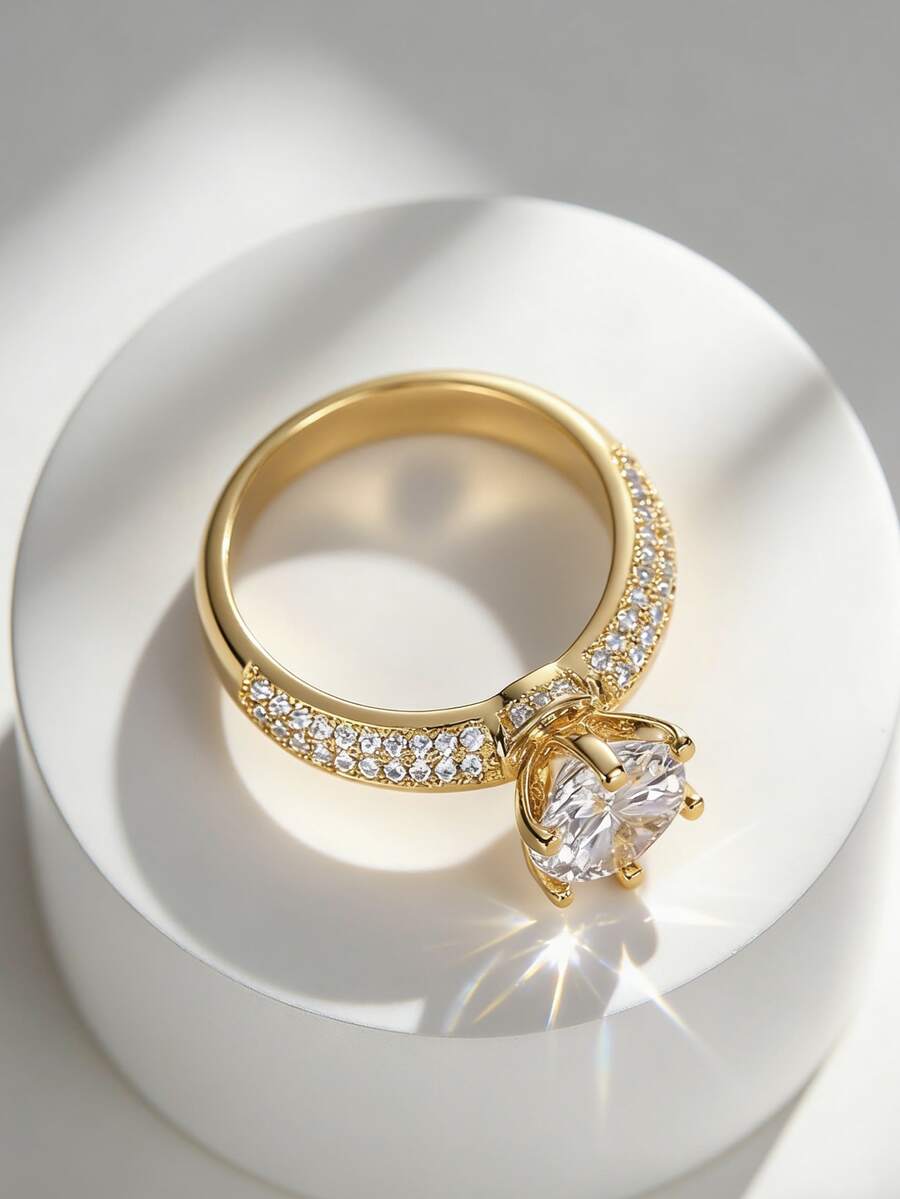 Charm-In Gold Plated Round CZ Solitaire Ring Double Row Crystal Engagement Jewelry For Women - Gold - View 1