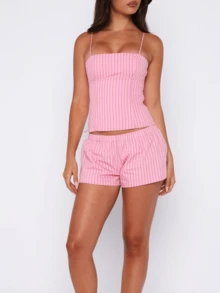 Women 2 Piece Striped Pajama Set Y2k Sleeveless Cami Tank Top And Fold Over Shorts Lounge Set Sleepwear - 粉色 - 查看 2