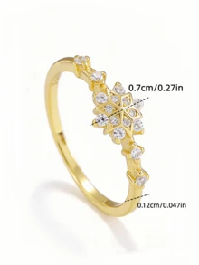 Flyleaf 1pc 925 Sterling Silver Luxury 18K Gold Plated Cubic Zirconia Snowflake Open Ring, Elegant Jewelry For Party & Banquet - Gold - View 8