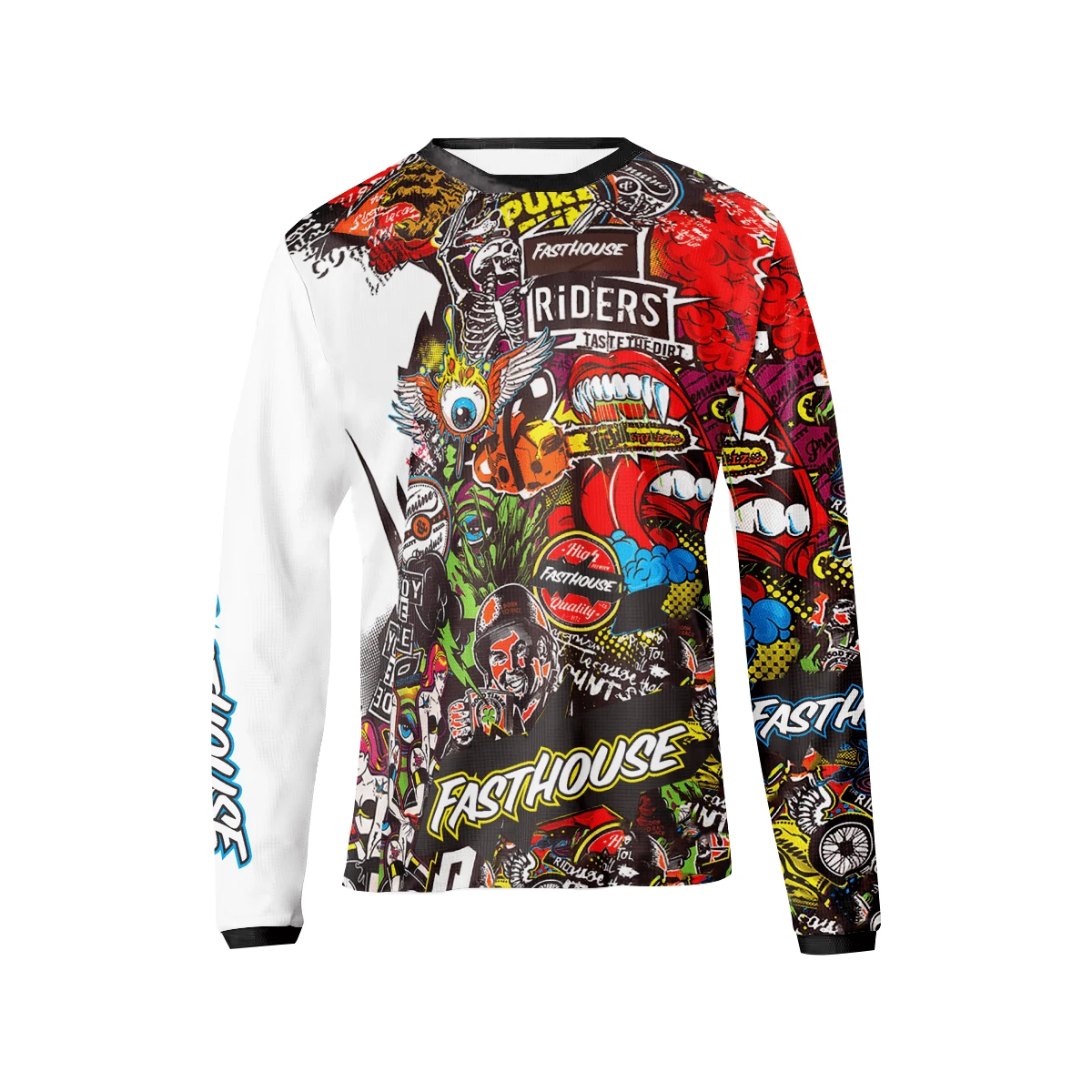 FASTHOUSE Men's Long Sleeve Motocross Riding Jersey, Polyester Quick-Dry Breathable T-Shirt, Cartoon Graphic Print, Machine Washable, Knit Fabric, Motorcycle Riding Gear - Black and White - View 1
