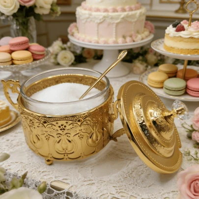 金色复古铁艺厨房配件 - 带盖零食食品储物罐、调料罐和调味品容器，适合厨房台面收纳