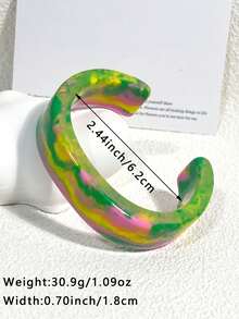 1件小众涂鸦风格树脂材质黄绿粉扎染纹理宽手镯，适合夏季度假和日常通勤 - 彩色 - 查看 4