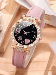 一套四件套奢华腕表珠宝套装，心形设计，搭配女士真皮表带。适合度假和日常佩戴，是馈赠佳品。 - 彩色 - 查看 5