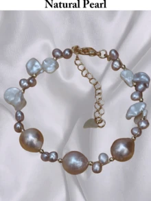 时尚个性手链，天然巴洛克珍珠手链，白色和浅粉色不规则淡水养殖珍珠串，女士日常佩戴，派对/婚礼/节日礼盒装 - A款 - 查看 1