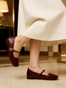 女士方头玛丽珍平底鞋，酒红色复古风，舒适透气绑带鞋 - 酒紅色 - 查看 4