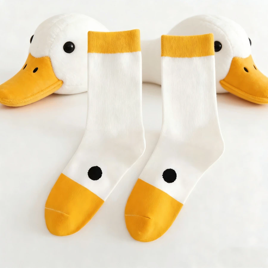 5 Pairs Cute Duck Shaped Animal Design Casual Mid-Calf Socks - Yellow - View 1
