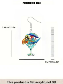 2D Tropical Parrot Acrylic Drop Earrings, Double-Sided Printed, Hawaiian Cocktail Glass Design, Summer Bird Drop, Beach Party Earrings - Parrot Cocktail Glass - View 7