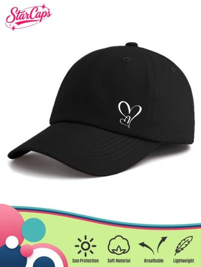 1 顶男女通用经典纯色棒球帽 - 简约双心图案印花 - 多种颜色可选 - 可调节低帽檐遮阳帽，适合情侣、情人节及日常休闲穿着
