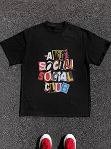 Graphic Features Bold Collage Letters Forming Anti Social Club Theme Symbolizing Individuality And Free Spirit Expression Men 100% Cotton Casual Printed Tshirt - Black - View 1