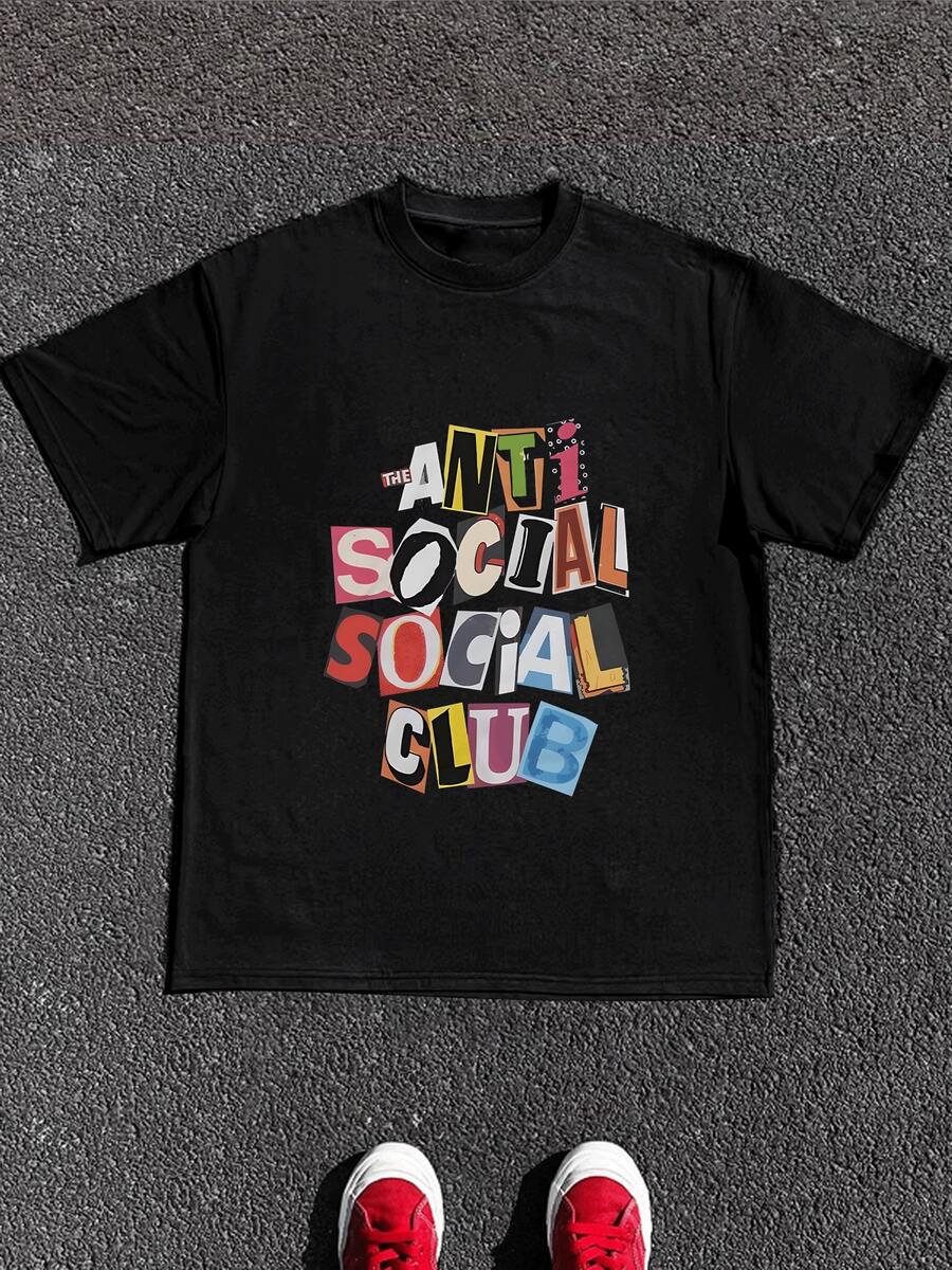 Graphic Features Bold Collage Letters Forming Anti Social Club Theme Symbolizing Individuality And Free Spirit Expression Men 100% Cotton Casual Printed Tshirt - Black - View 1
