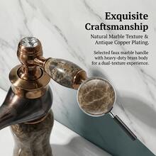 奢华红铜色仿大理石浴室水龙头，单孔冷热水面盆水龙头，欧式石纹手柄混水阀，G1/2通用螺纹，含2根50厘米进水软管和G3/8转接头 - ORB黑玉二個玉 - 查看 5