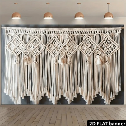 1件白色波西米亚风花卉流苏窗帘 - 时尚婚礼及派对背景幕布，优雅摄影背景布，涤纶面料，适用于室内外装饰