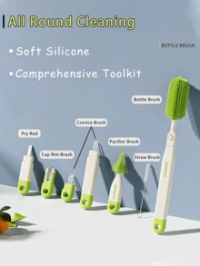 Detachable Multifunctional Baby Silicone Bottle Brush Set, 360° Cleaning Brush For Bottle, Nipple & Straw, Baby Feeding Cleaning Tool,7-In-1 Set - Green - View 3
