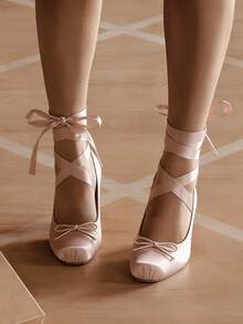 Women's Heel Shoes Women's Platform Heels Shoes Pink Elegant Women Shoes High Heels Pumps Cute Bow High Heels Gothic Heels Closed Toe Heels Chunky Heels Mary Jane Christmas Shoes - 平底裸色 - 查看 7