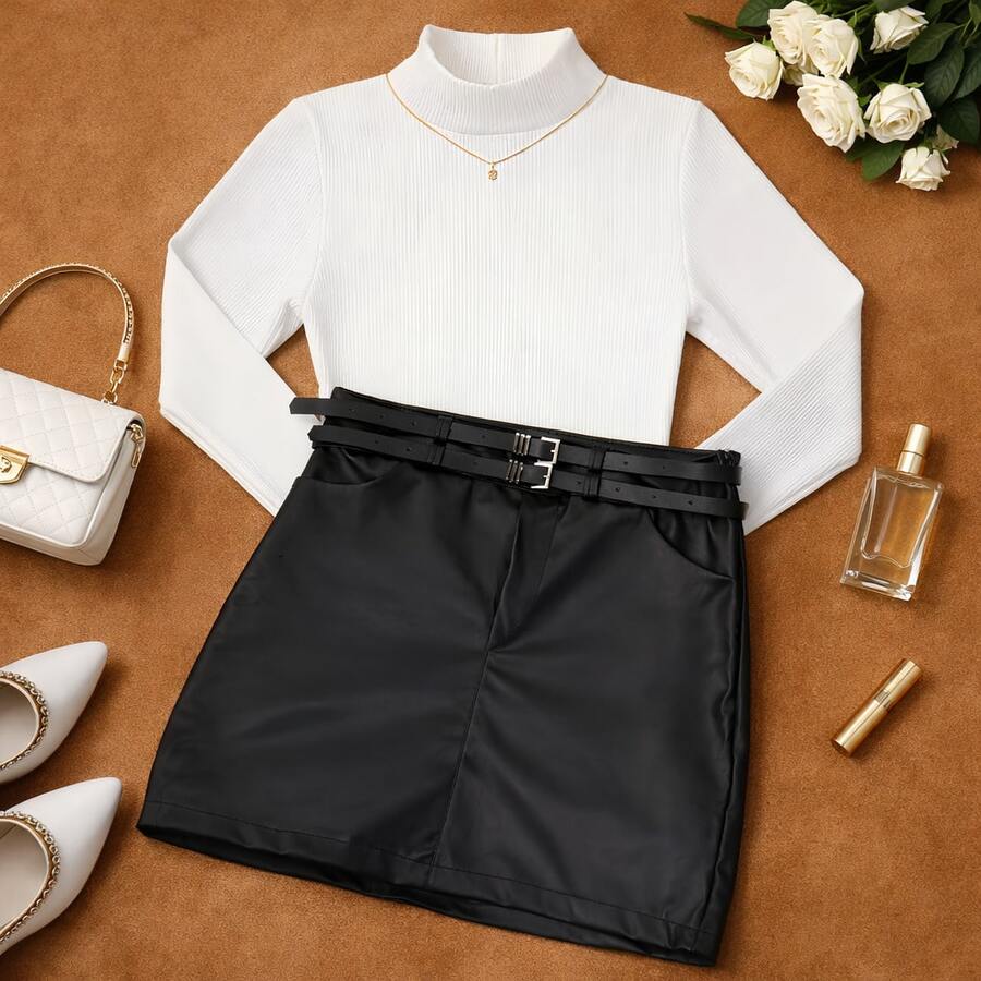 Fake Leather Short Skirt Set With 2 Free Belts + Long Sleeve Bodysuit And High Neck - Winter São João Elegant Simple Conservative / Modest Elegant Casual Party Pocket Zipper With Belt Night Baby Shower Baby Moon Garden Formal And Night Street Photoshoot Fall And Winter - 黑色 - 查看 1