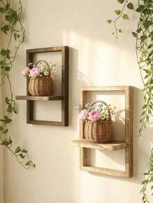 1pc Rustic Wooden Floating Shelf, Wall Mounted Storage Rack In Farmhouse Style For Bedroom, Kitchen, Bathroom, Small Wall Hanging Decorative Organizer - Multicolor - View 12