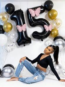 7 pièces Ensemble de ballons en feuille numérique, ballons numérotés noirs, convient pour la décoration d'anniversaire de 11e, 12e et 21e, fournitures de fête pour garçons, bébés et filles, décorations de fête noires - noir - Voir 8