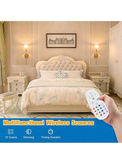2pcs Gold Battery Operated Wall Sconce , Rechargeable LED Wall Lamp With Fabric Shade, Wireless Wall Light For Bedroom Bedside