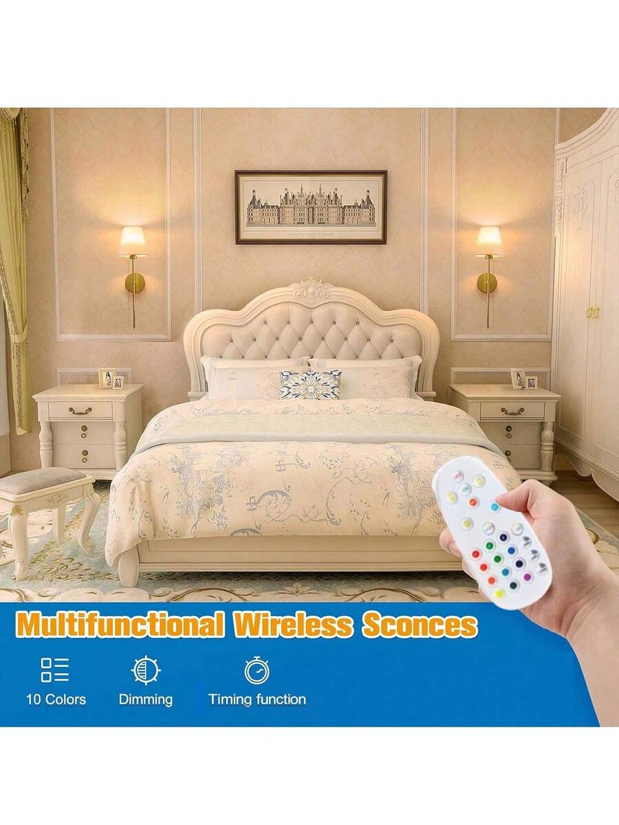 2 đèn treo tường chạy bằng pin màu vàng, đèn LED treo tường sạc lại được với chao đèn bằng vải, đèn treo tường không dây cho phòng ngủ và đầu giường. - Một cỡ - Xem 1