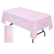 1 Pack Pink & Rainbow Plaid Disposable Holographic Foil Tablecloth, Plastic Laser Rectangle Tablecloth Suitable For Picnic, Birthday Party, Racing Event - Multicolor - View 1