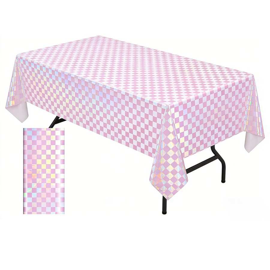 1 Pack Pink & Rainbow Plaid Disposable Holographic Foil Tablecloth, Plastic Laser Rectangle Tablecloth Suitable For Picnic, Birthday Party, Racing Event - Multicolor - View 1