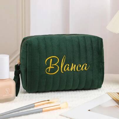 1pc Customized Letter Embroidered Velvet Makeup Bag, Personalized Cosmetic Storage Pouch For Women, Soft Velvet Beauty Organizer, Large Capacity Travel Toiletry Bag, Suitable For Daily Storage, Travel, Bridesmaid Gift, Bachelorette Party, Wedding, Birthday, Christmas, Best Friend, Creative Gift For Her, Fashionable Portable Makeup Bag