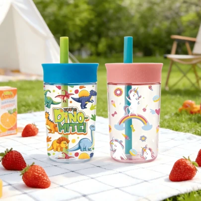 BENNY 450毫升儿童吸管水瓶，硅胶吸嘴，可爱独角兽和恐龙图案，防漏PC材质 | 鼓励孩子多喝水，轻便易携，适合上学和旅行 | 复活节、开学季、圣诞节、生日、儿童节礼物，男女皆宜