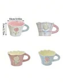 1pc 220ml Ceramic Coffee Cup With Embossed Floral Design Minimalist Asymmetric Rim Mug Pink Checkered Pattern With Blue Stripes Suitable For Home Decor Tableware Coffee Shop Latte And Milk Cup Summer Party Beverage Cup Giftware - Multicolor - View 6