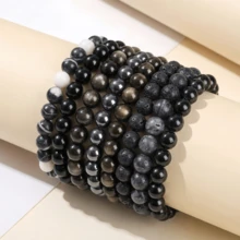 黑色天然石圆珠手链，波西米亚风，灵气疗愈弹力饰品，日常佩戴，热门款 - 黑色 - 查看 1