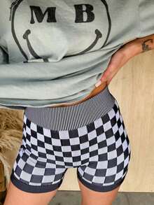 Women's Checkered Shorts – Seamless Knit Slimming Yoga Shorts, Cycling Shorts, Suitable For Casual And Athletic Activities - 黑色 - 查看 6