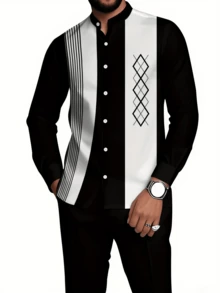 Men's 2-Piece Shirt Set, European And American Style Men's Casual Striped Long-Sleeve Shirt And Pants Sports Suit, Striped Accent Printed Pattern Men's Pants Matching, Casual Sports Suit Holiday Outfit Available In Multiple Colors, Men's Gift - 黑色 - 查看 8