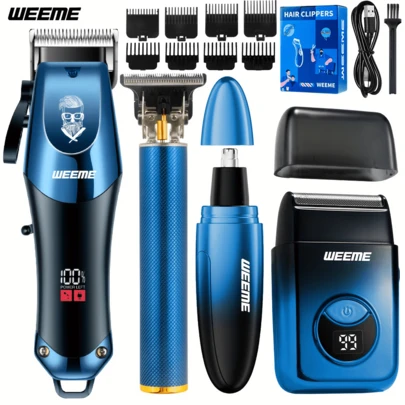  WEEME Kit de aseo eléctrico 4 en 1 para hombres, incluye recortadora de pelo nasal, afeitadora eléctrica y recortadora de grabado, set de aseo inalámbrico recargable por USB con batería de litio, incluye varios accesorios para peinado, diseño degradado azul, regalo ideal para hombres
