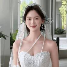 French Bride Lace Bow Long Headband Soft Tulle With Ribbon Bow Romantic Headgear Wedding Props - Multicolor - View 7