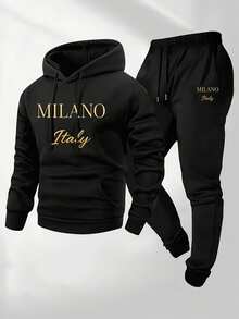 Milano,Italy Mens 2 Piece Black Warm Tracksuit Set Hoodie And Pants Fleece Lined For Loungewear Street Style And Gym - 黑色13 - 查看 1