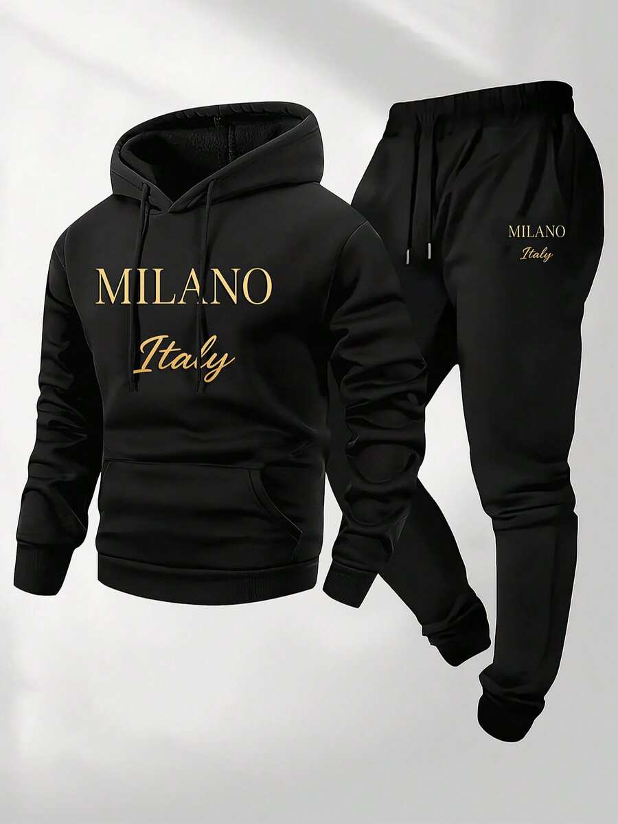 Milano,Italy Mens 2 Piece Black Warm Tracksuit Set Hoodie And Pants Fleece Lined For Loungewear Street Style And Gym - 黑色13 - 查看 1