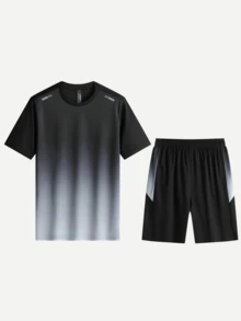 Men's Quick-Drying Tracksuit, Gradient Color Short-Sleeved Shirt, Shorts, T-Shirt, Summer Running, Sports Training, And Fitness Wear. - Grey - View 6