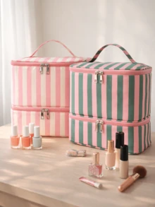 Striped Double Layer Cosmetic Bag, Large Capacity Cosmetic Storage Bag, Portable Travel Toiletry Bag, Suitable For Dressing Table And Travel - Multicolor - View 3
