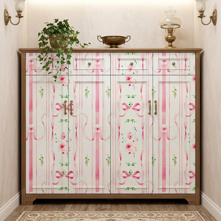 1卷44.5厘米宽自粘墙纸，粉色条纹蝴蝶花卉墙贴，可移除且易于粘贴，防水且易于清洁，适用于卧室、儿童房的DIY墙面装饰 - 櫻花序 - 查看 1
