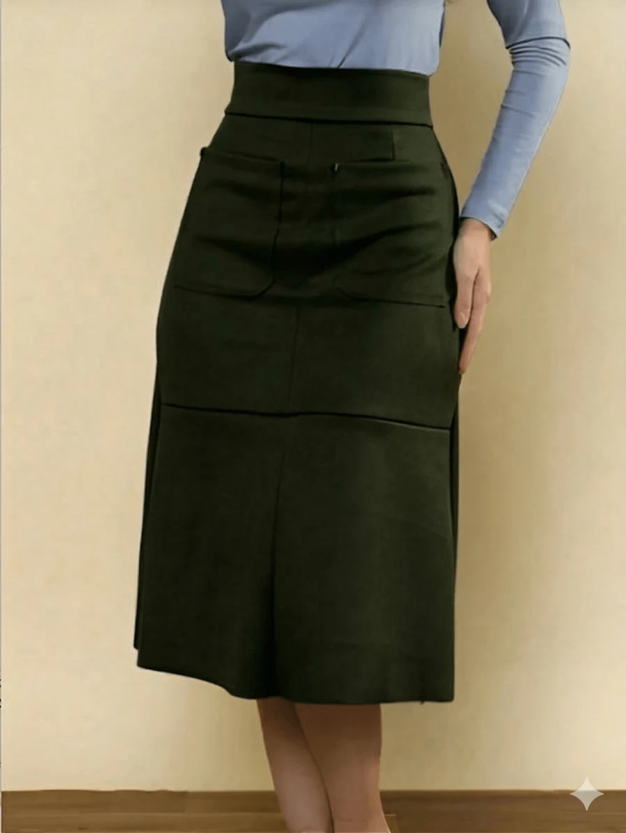 WOMEN'S SUEDE SKIRT WITH ZIPPER AND POCKET. STYLE AND ELEGANCE. - 軍綠色 - 查看 1