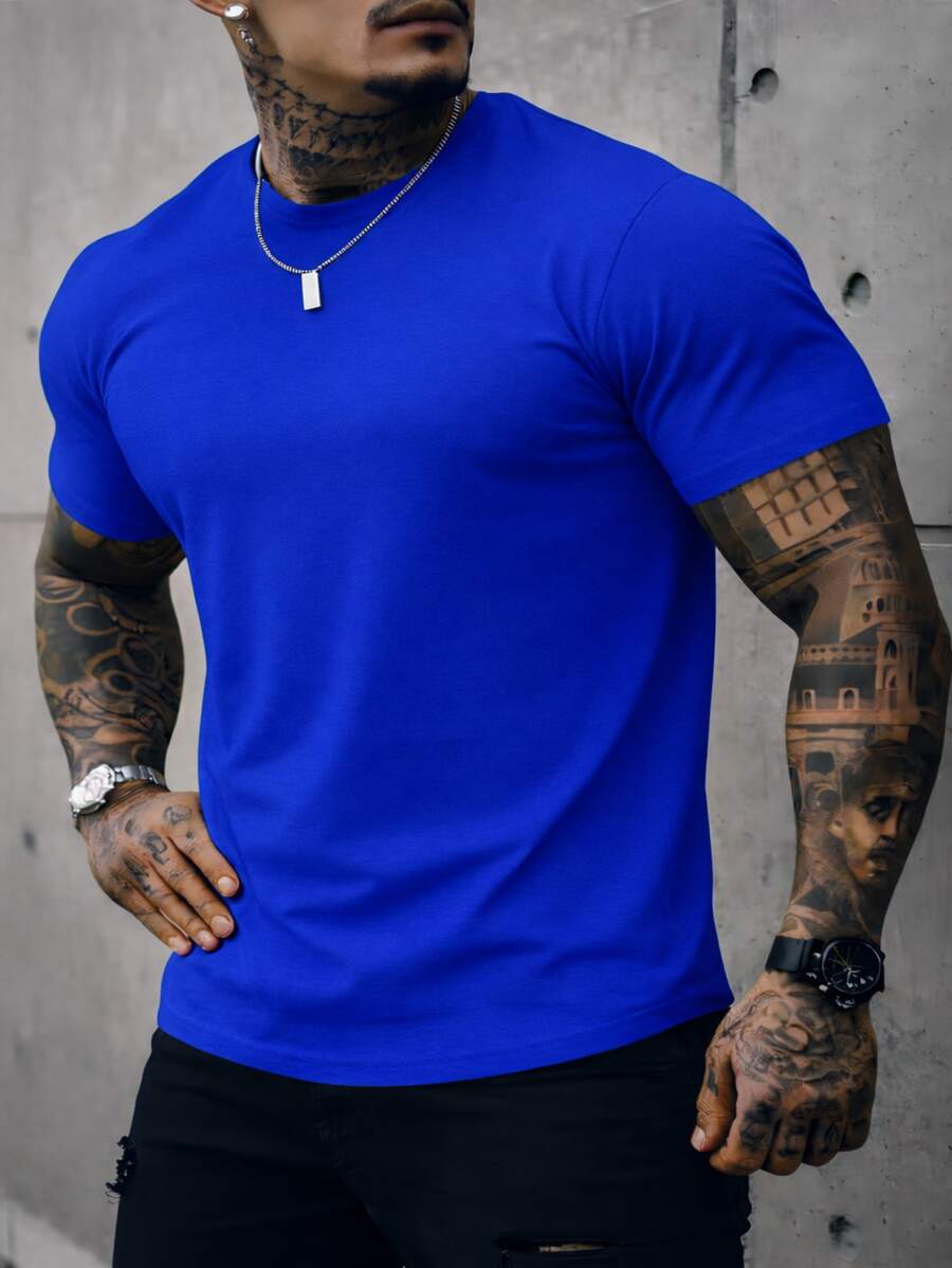 Men's Basic Crew Neck T-Shirt, Premium Cotton, 20 Color Options To Choose From - CAMA AZUL REAL - Ver 1