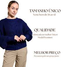 Women's Blogger-Style Sweater With Braid 2025 Knit Sweater With Puff Sleeves - Azul Marino - Ver 2