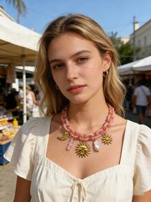 1件金色不锈钢日月吊坠项链，搭配粉色亚克力云朵效果链，适合夏季外出、旅行和赠送朋友 - 粉紅色鏈條+太陽吊墜 - 查看 1