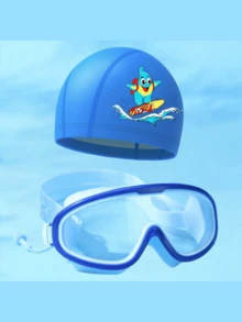 1套/PU涂层泳帽+硅胶泳镜，防水防雾，适合15岁及以下儿童，高清大框泳镜，潜水泳帽套装 - 套裝 - 查看 15