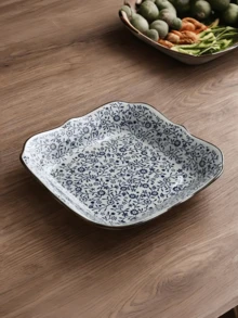 1pc Exquisite Square Cornered Floral Ceramic Plate, Chinese Retro Decorative Dish, Reusable Multi-Purpose Plate For Restaurant, Living Room, Gathering, Gift - Dusty Blue - View 1