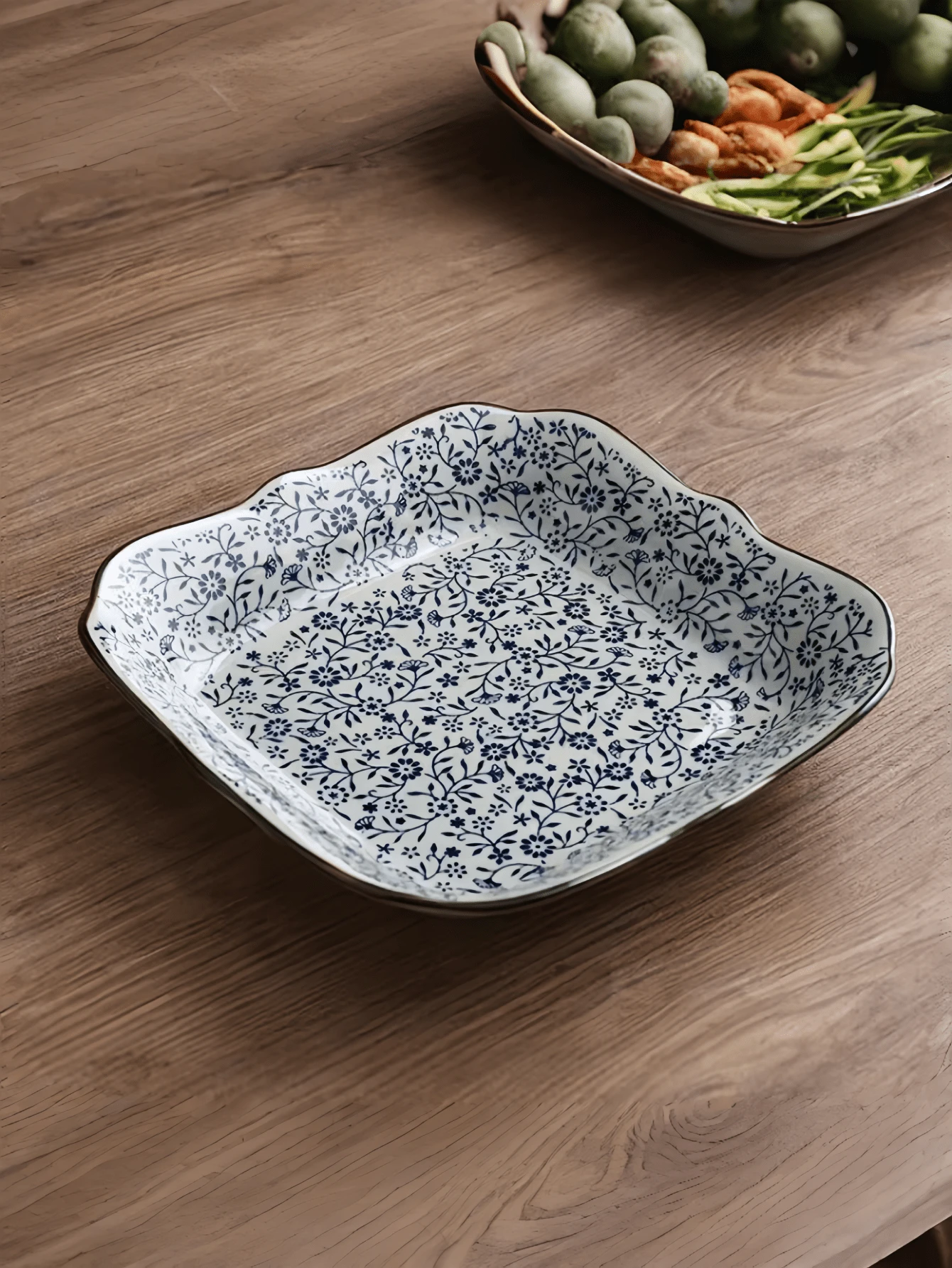 1pc Exquisite Square Cornered Floral Ceramic Plate, Chinese Retro Decorative Dish, Reusable Multi-Purpose Plate For Restaurant, Living Room, Gathering, Gift - Dusty Blue - View 1