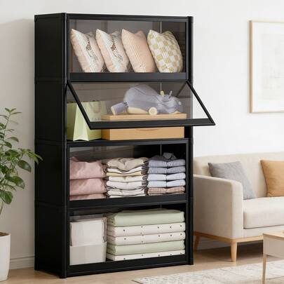 Organizador de armario portátil de gran capacidad con cubierta, organizador de ropa a prueba de polvo, estantería de almacenamiento de varios niveles para el dormitorio - Con diseño de cubierta, fácil instalación, adecuado para el hogar y espacios de alquiler, organizador de dormitorio | Negro y blanco | Armario moderno | Estructura duradera, organización y almacenamiento de armarios, almacenamiento de primavera y verano, regalo del Día de la Madre