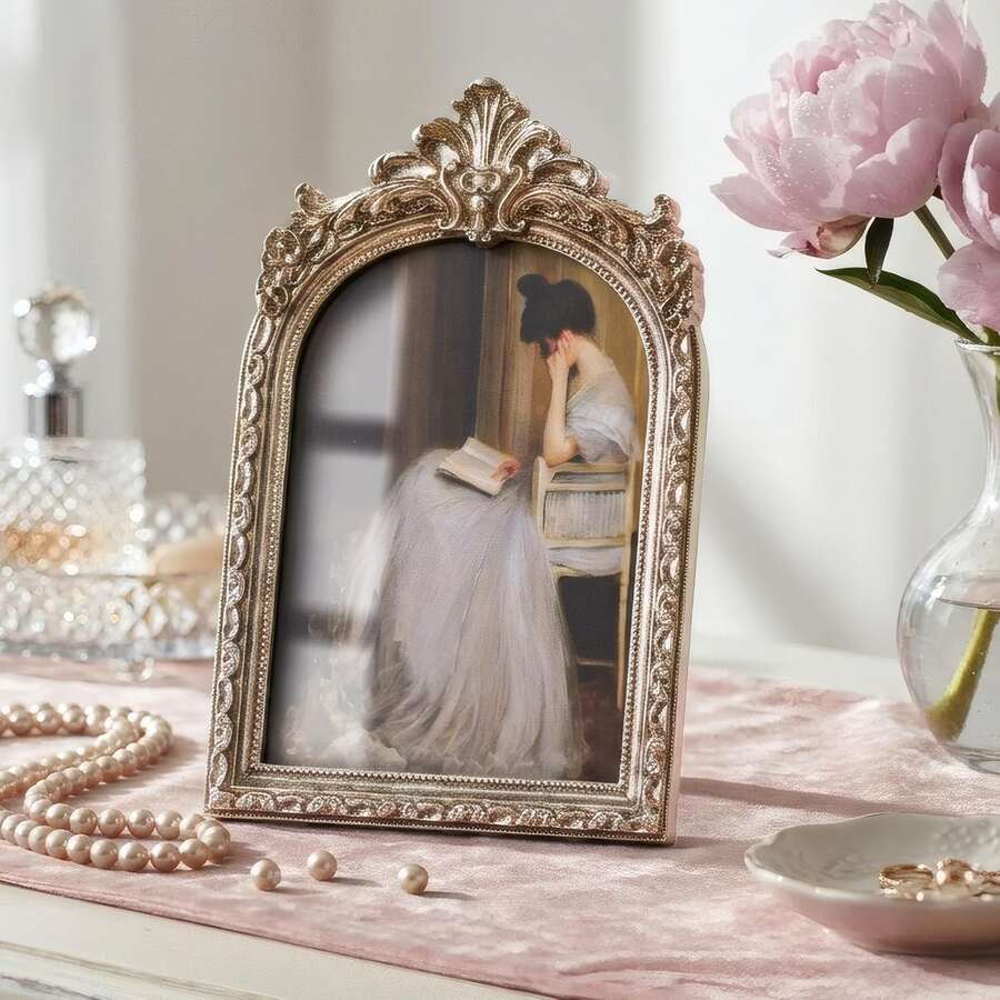 Vintage Silver Photo Frame, Ornate Resin Arched Frame With Glass Front For Desktop Or Wall Display, Retro Home And Wedding Decor - Multiple Styles - View 1