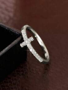 1枚优雅承诺戒指，时尚银/金十字架设计，镶嵌闪亮立方氧化锆，订婚/结婚戒指，奢华新娘珠宝 - 金色 - 查看 3